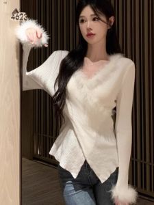 WANGGONGZHU | Soft Cozy V-Neck Irregular Knitted Base Shirt Womens Autumn Winter Fashionable Long Sleeve Pullover Sweater Korean Style
