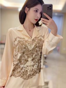 ชุดนอนผ้าไหมน้ำแข็งฤดูใบไม้ผลิและฤดูร้อน ชุดนอนผู้หญิง แขนยาวบาง สวมใส่สบาย สไตล์หรูหรา ชุดนอนผ้าไหมน้ำแข็ง