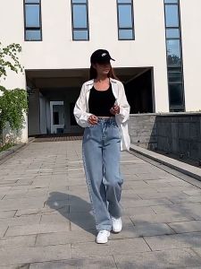 Women Palazzo Jeans Loose High Waist Korean Casual Jeans Plus Size Fashion Seluar Jeans Wanita Mopping Pants Seluar Jeans Perempuan White