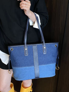 Large Capacity Denim Tote Bag Womens Casual Shopping Bag Shoulder Bag Commuter Bag Trendy Handbag Soft Handle Zipper Closure