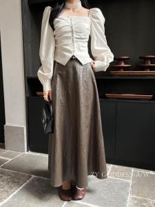 Elegant Slimming PU Leather Long Skirt High Waist Age-Defying Korean Style Commute Design Sensation French Style Midi Skirt