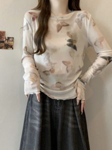 Chic Butterfly Tie Dye Lightweight Long Sleeve T-Shirt Women Summer plus Size Casual Loose Fit round Neck Top Outerwear