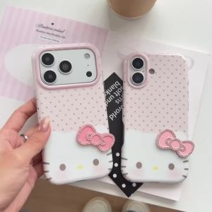 Sanrio | Ốp Điện Thoại Hello Kitty Hình Nơ Chấm Bi Hồng Lấp Lánh Phong Cách Hàn Quốc Dành Cho iPhone Chống Rơi Chống Sốc Chất Liệu Acrylic Hoạt Hình Dành Cho Nam Và Nữ