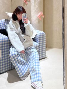 Quần Dài Kẻ Caro Thường Ngày Cho Nữ Mùa Xuân Thu Phong Cách Nhật Bản Ngọt Ngào Cỡ Nhỏ Rộng Rãi Dài Thẳng Quần Ống Rộng Kẻ Caro