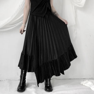Dark Style Japanese Design Half Skirt BKMS Samurai Wind Pleated Asymmetrical Long Skirt Punk Streetwear High Waist A-Line Gown