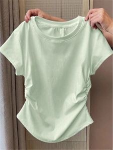 White Short Sleeve T-Shirt Womens Fashion Slim Fit Waist-Cinching Shoulder-Length Top for Summer Elegant Cute Style