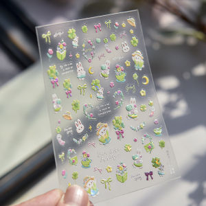 OIMG | 5D Relief Cartoon Rabbit Bow Design Nail Sticker Clover Self-adhesive Nail Art Stickers For DIY Manicure Nail Decorations Decals