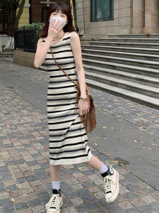 Slim Fit Long Knitted Dress Women Summer Stripe Pattern round Neckline Sleeveless Vest Style mid Length A-Line Skirt Dress