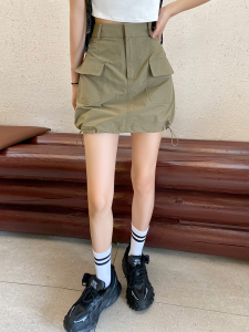 Váy Ngắn Công Sở Màu Xanh Quân Đội Phong Cách Mỹ Cổ Điển Dành Cho Nữ Mùa Hè 2024 Váy Ngắn Cạp Cao Ôm Sát Cơ Thể Thiết Kế Mới