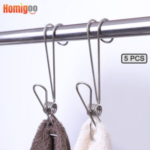 Homigoo 5 Pcs Home Storage Rack Laundry Hooks Clothes Pegs Photo Clip Stainless Steel Clothespins Towel Chips Hook
