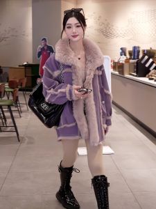 Womens Fur Coat Winter New Loose Versatile Thickened Medium Length Overcoat with Fleece Skin And Hair Design Sense Splicing