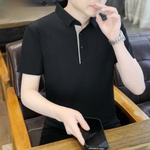 HENGYUANXIANG | เสื้อยืดคอโปโลผ้าไหมน้ำแข็งสำหรับผู้ชาย ทรงบาง แห้งเร็ว แขนสั้น สีพื้น แฟชั่นฤดูร้อน 2025 เสื้อยืดคอกลม