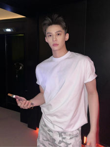 White Small Collar T-Shirt Men Summer American Style Heavyweight Combed Cotton Half Sleeve Model Fashion Casual Breathable