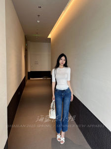 Quần Jeans Denim Xanh Cổ Điển Cạp Cao 9 Phần Quần Ống Thẳng Ôm Dáng Quần Ống Loe Mới Mùa Xuân Quần Denim Chống Mài Mòn