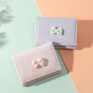 Short Sweet Butterfly Knot Student Personality Wallet Womens Folding Unique Style Mini Fresh Bifold Leather Purse for Youth