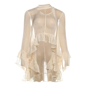 Womens Long Sleeve Ruffle Edge Hooded Top See-through Oversize Casual T-shirt Polo Collar Splice Thickened Sportswear