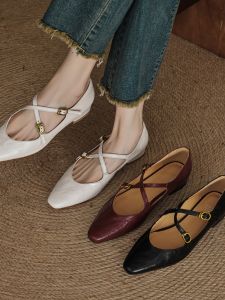 Morning Flower Soft Leather Low Heel Mary Jane Shoes Cross Buckle Commute Casual Flats Womens Footwear Comfortable Slip-On