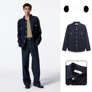 Deep Blue Commuter Denim Shirt Jacket Mens Fashion City Style Cotton Nylon Blend Long Sleeve Sharp Collar Autumn New Arrival