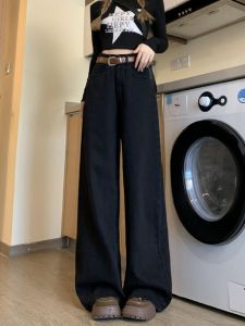 High-Waist Wide-Leg Black Denim Jeans for Women New Style Plus Size Loose Fit Slimming Straight Leg Pants Spring Fall Regular Thickness