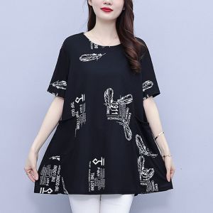 Loose Cotton Summer Short Sleeve T-Shirt Womens Large Size Mom round Neck Printed Top Base Long Cover Meat Mid-Length Womens Wear