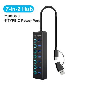 Kebidumei | KEBIDUMEI 7 in 2 All USB 3.0 Hub with Individual Off/On Switch 5Gbps USB Splitter USB C Hub USB 3.0 Expansion for Laptop Macbook