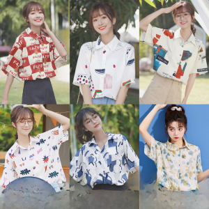 Retro Casual Japanese Style Printed Shirt Women Summer Short Sleeve Holiday Vibes Chiffon Loose Blouse Original Design Polo Collar