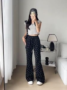 Dream Clothes💟กางเกงผู้หญิง👖 กางเกงกีฬาทรงหลวมทรงหลวมพิมพ์ลายโบว์ผู้หญิงทรงเข้ารูปกางเกงบูตคัททรงสลิม