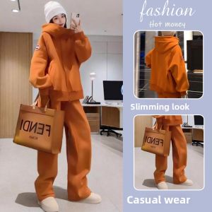 LIANGYILAILIN | Pullover Hoodie Set Loose Long Sleeve Orange Women