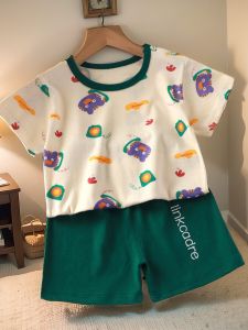 Childrens Short-Sleeved Suit Summer Thin Girl Cute Cartoon Two Piece Set Baby Boy Korean Style T-shirt Shorts Clothes