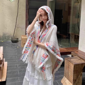 Travel Style Womens Cotton Linen Hooded Cloak Scarf Multifunctional Spring Autumn Winter Seasonal Use National Style Shoulder Shawl