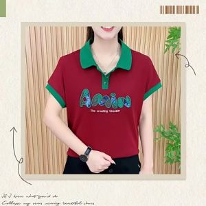 QIAOXIZI | Loose Fit POLO Short Sleeve T-shirt for Women Mother Fashionable Slimming Turn-down Collar