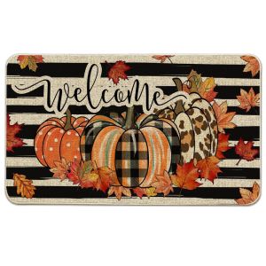 VIKAMA Halloween Door Mat Welcome Pumpkin Polka Dot Leopard Maple Leaf Fall Non Slip Entryway Rug Autumn Decor Washable Durable