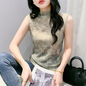 Rehin mùa thu in họa tiết thời trang mới nửa cao cổ không tay áo thun ôm vừa màu be thanh lịch hàng đầu của phụ nữ