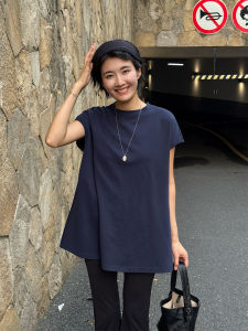 Langqing Blue Oversized Unique Super Beautiful T-Shirt 2025 New Loose Body Casual Early Autumn Small Flying Sleeve Top