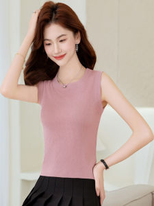 2025 Summer New Womens Knitted Ice Silk Vest Sleeveless Pure Color Versatile Small Size Outerwear T-Shirt Fashionable Slim Fit