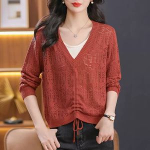Spring Hollow out Thin Drawstring Knitted Top Women Short Style 2024 New Small Design Sense Base Shirt Outerwear