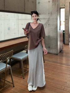 VKSOD | Lazy Style Casual Short Sleeve V-neck T-shirt Womens Summer Versatile Slimming Grey Midi Skirt Two-piece Set Half-length Skirt