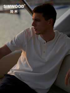 Simwood | Relaxed Fit Water Washed Flannel Henry Neck Mens T-Shirt