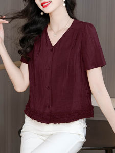 DAIXIANGFEIZI | Cotton Linen Summer Blouse V-Neck Short Sleeve Shirt