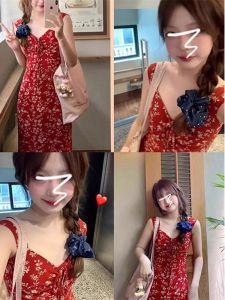 French Unique Red Floral Print Halter Dress Womens Beautiful Slimming Beach Vacation High-End Long Dress Korean Style High Waist A-Line Skirt V-Neck Summer Dress