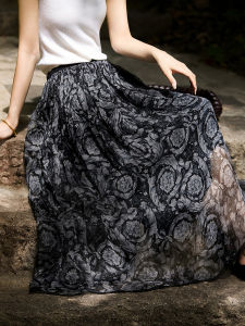 Xhange Half-length Silk Gauze Skirt Drifting Gentle Mulberry Silk Thin Veil Autumn New Fashion Womens High Waist A-line Skirt