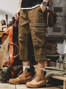 กางเกงขาสั้นทำงานสไตล์อเมริกันย้อนยุคสำหรับผู้ชาย กางเกงขายาวทรงตรงหลวมๆ ฤดูร้อน กางเกงขายาวทรงเจ็ดส่วน แฟชั่นอเนกประสงค์