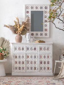 French Style Sideboard Cabinet Retro White Living Room Dining Room Wall Locker Solid Wood Painted Decorative Entrance Cabinet