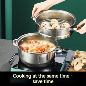 Heat resistant cooking utensil 9.45-inch large stainless steel steamer and soup pot 2-in-1 suitable for induction cookers