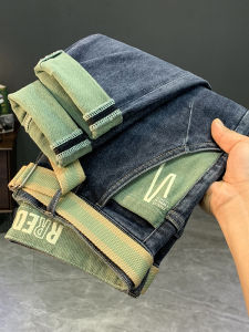 Mens Fleece Lined Jeans Slim Fit Casual Print Comfortable Thick Velvet Long Trousers Autumn Winter Fashion Trend Youth Style