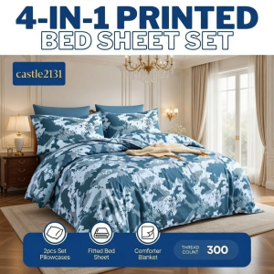 4-in-1 Comforter Bedsheet Set Fitted Sheet with Garter 2 Pillowcases Soft Bedding Set