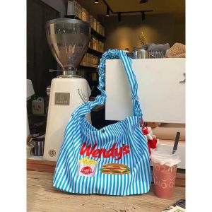 Japanese Style Embroidered Shoulder Bag Womens Large Capacity Tote Crossbody Bag Fun Stripe Design Canvas Fashion Trend