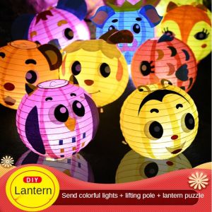 灯笼中秋节 Lantern Chinese灯笼 for Kids Mid-Autumn Festival Lantern Children DIY Handmade Material Kit Kindergarten Creative Cartoon Portable Luminous Paper Lantern