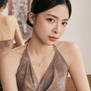 ZHOU LIU FU 周六福 S925 Sterling bạc nước ngọt Vòng Cổ Khuyên tai ngọc trai Zircon lập phương 18K mạ vàng chuỗi dây có thể điều chỉnh vòng ngọc trai Bộ trang sức cho phụ nữ cô ấy 40 + 5cm x0614581