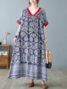 Retro V-neck Improved Hanfu Plus Size Dress Womens Summer Cotton Linen Contrast Color Robe Fat Sister Slimming Long Dress